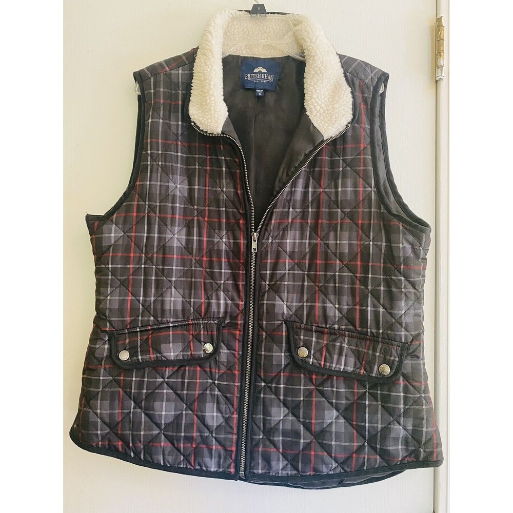 British Khaki Womens Best XL Plaid Full Zip, Pockets, Quilted W/Sherpa Collar